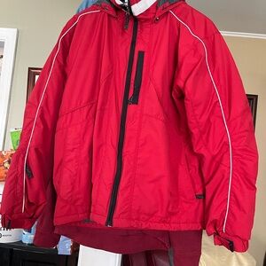 Red Hooded Ski Jacket with Black Accents